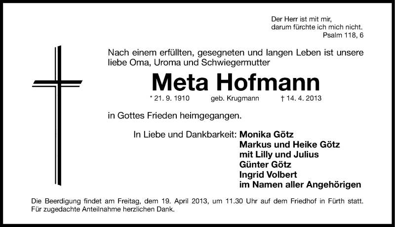  Traueranzeige für Meta Hofmann vom 16.04.2013 aus Fürther Nachrichten Lokal