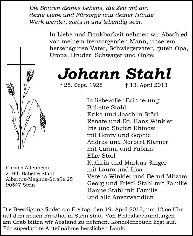  Traueranzeige für Johann Stahl vom 16.04.2013 aus Gesamtausgabe Nürnberger Nachrichten/ Nürnberger Ztg.