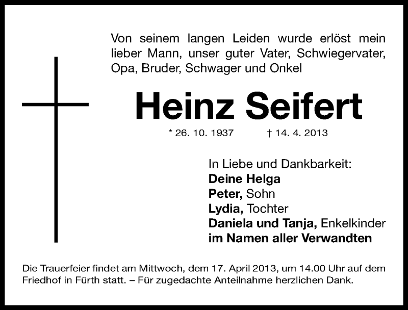  Traueranzeige für Heinz Seifert vom 16.04.2013 aus Fürther Nachrichten Lokal