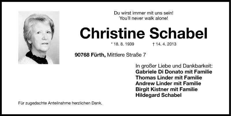 Traueranzeige für Christine Schabel vom 17.04.2013 aus Fürther Nachrichten Lokal