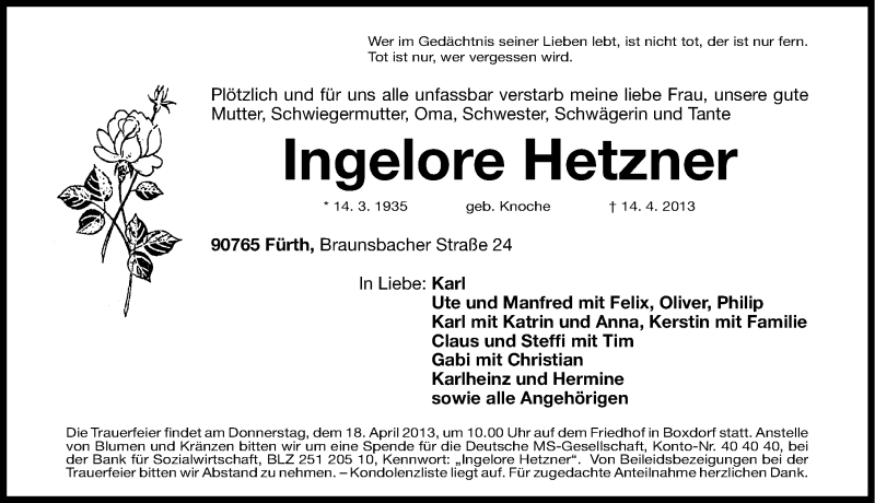  Traueranzeige für Ingelore Hetzner vom 16.04.2013 aus Gesamtausgabe Nürnberger Nachrichten/ Nürnberger Ztg.