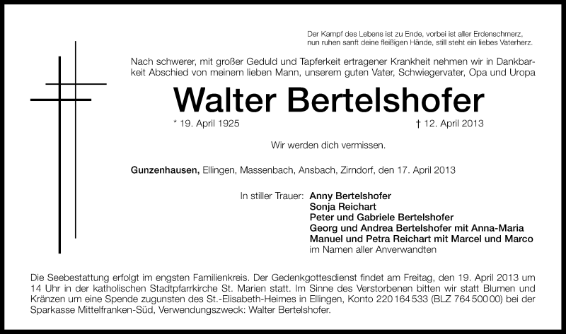 Traueranzeige für Walter Bertelshofer vom 17.04.2013 aus Altmühl-Bote Lokal