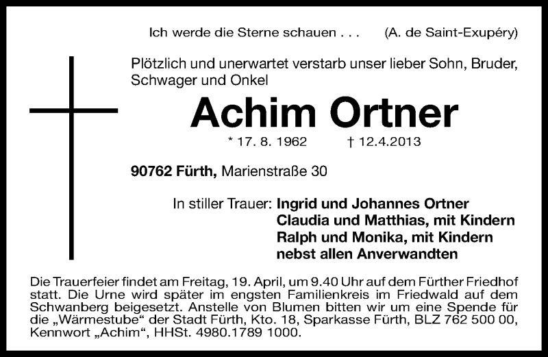  Traueranzeige für Achim Ortner vom 17.04.2013 aus Fürther Nachrichten Lokal