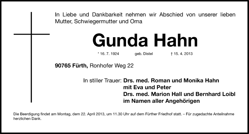  Traueranzeige für Gunda Hahn vom 18.04.2013 aus Fürther Nachrichten Lokal