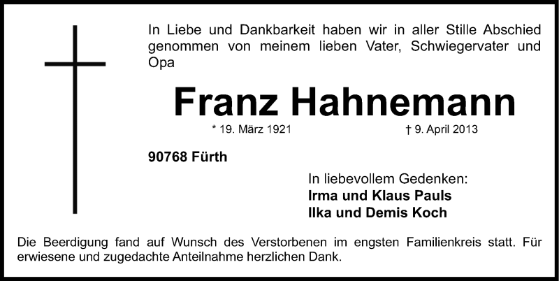  Traueranzeige für Franz Hahnemann vom 18.04.2013 aus Fürther Nachrichten Lokal