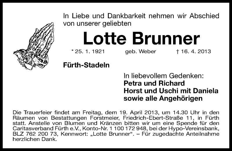  Traueranzeige für Lotte Brunner vom 18.04.2013 aus Fürther Nachrichten Lokal