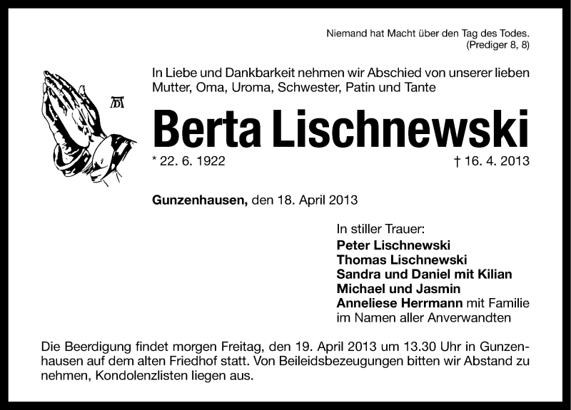  Traueranzeige für Berta Lischnewski vom 18.04.2013 aus Altmühl-Bote Lokal