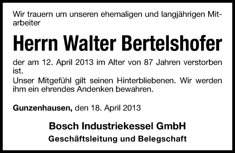  Traueranzeige für Walter Bertelshofer vom 18.04.2013 aus Altmühl-Bote Lokal