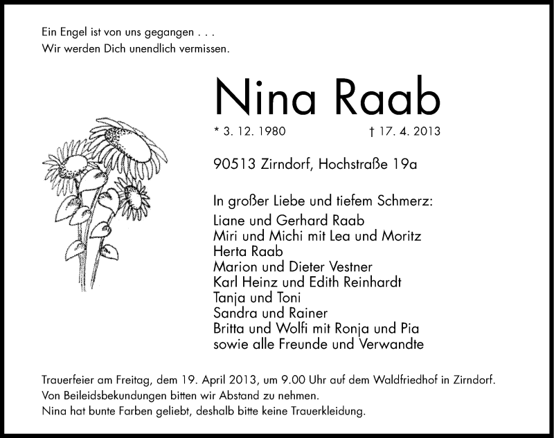  Traueranzeige für Nina Raab vom 18.04.2013 aus Fürther Nachrichten Lokal