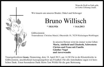 Traueranzeige von Bruno Willisch von Nordbayerische Nachrichten Forchheim Lokal