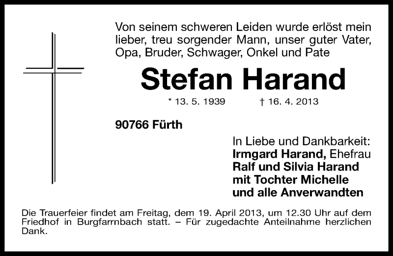  Traueranzeige für Stefan Harand vom 18.04.2013 aus Fürther Nachrichten Lokal