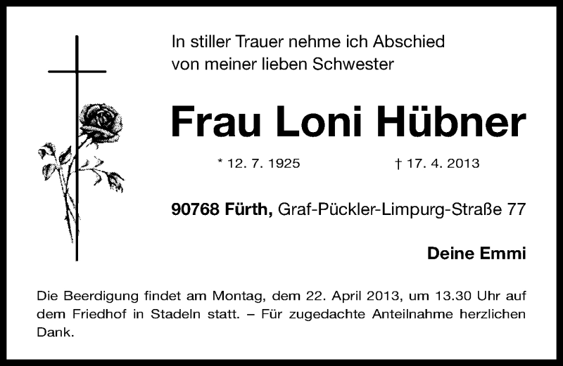  Traueranzeige für Loni Hübner vom 20.04.2013 aus Fürther Nachrichten Lokal