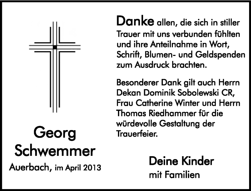  Traueranzeige für Georg Schwemmer vom 20.04.2013 aus Nordbayerische Nachrichten Pegnitz Lokal