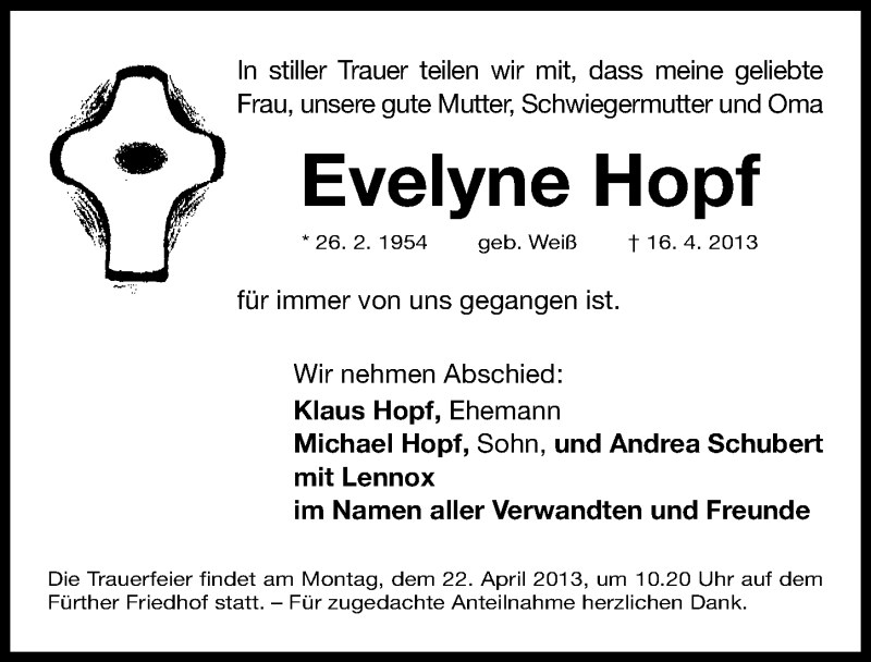  Traueranzeige für Evelyne Hopf vom 20.04.2013 aus Fürther Nachrichten Lokal