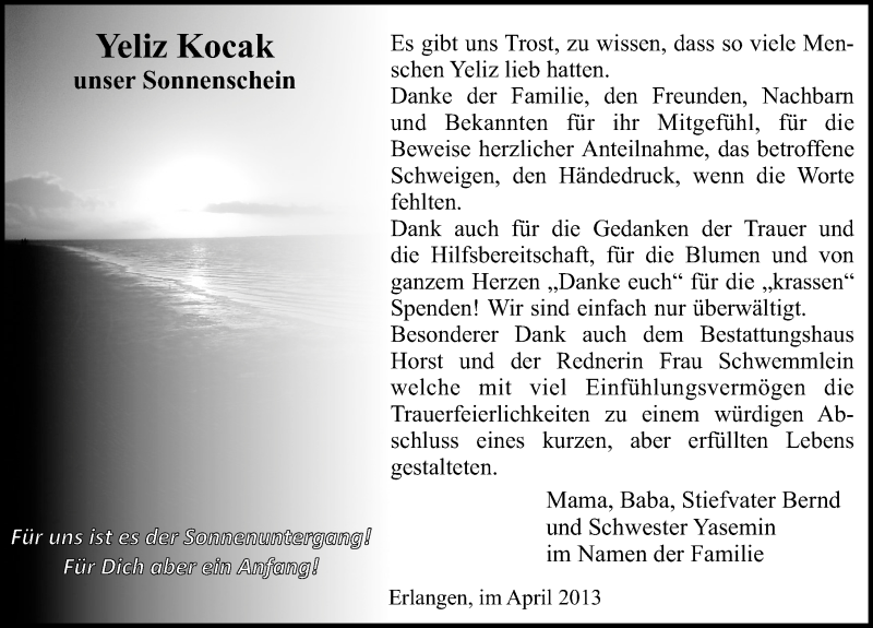  Traueranzeige für Yeliz Kocak vom 20.04.2013 aus Erlanger Nachrichten Lokal