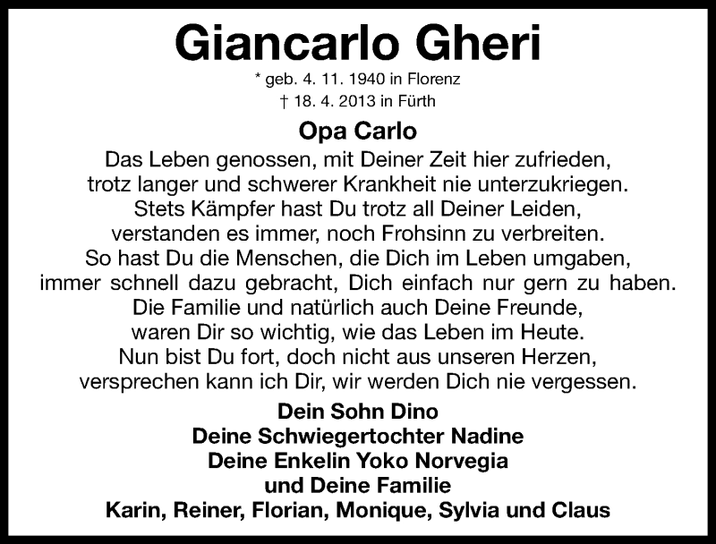  Traueranzeige für Giancarlo Gheri vom 20.04.2013 aus Gesamtausgabe Nürnberger Nachrichten/ Nürnberger Ztg.