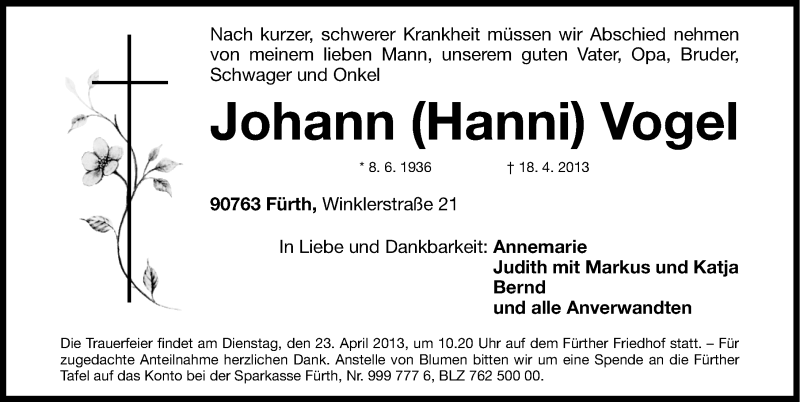  Traueranzeige für Johann Vogel vom 20.04.2013 aus Fürther Nachrichten Lokal