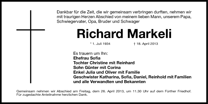 Traueranzeige für Richard Markeli vom 24.04.2013 aus Fürther Nachrichten Lokal