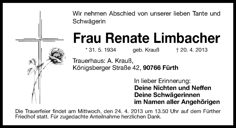  Traueranzeige für Renate Limbacher vom 22.04.2013 aus Gesamtausgabe Nürnberger Nachrichten/ Nürnberger Ztg.