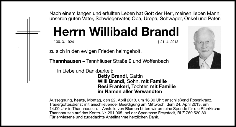  Traueranzeige für Willibald Brandl vom 22.04.2013 aus Neumarkter Nachrichten Lokal
