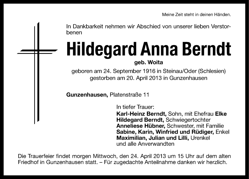  Traueranzeige für Hildegard Anna Berndt vom 23.04.2013 aus Altmühl-Bote Lokal