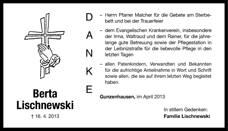  Traueranzeige für Berta Lischnewski vom 23.04.2013 aus Altmühl-Bote Lokal