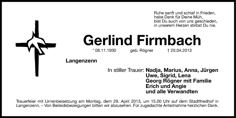  Traueranzeige für Gerlind Firmbach vom 25.04.2013 aus Fürther Nachrichten Lokal