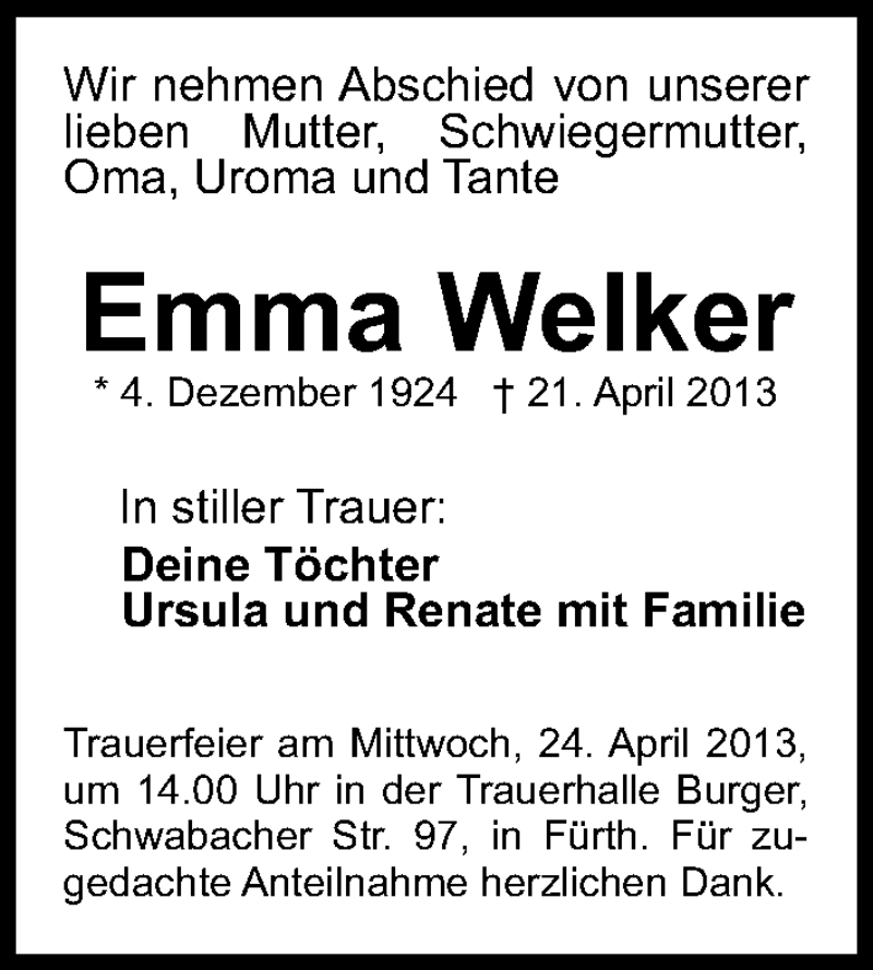  Traueranzeige für Emma Welker vom 23.04.2013 aus Fürther Nachrichten Lokal