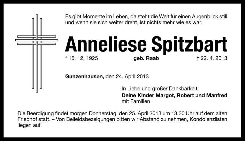 Traueranzeige für Anneliese Spitzbart vom 24.04.2013 aus Altmühl-Bote Lokal