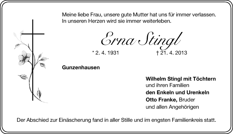  Traueranzeige für Erna Stingl vom 24.04.2013 aus Altmühl-Bote Lokal