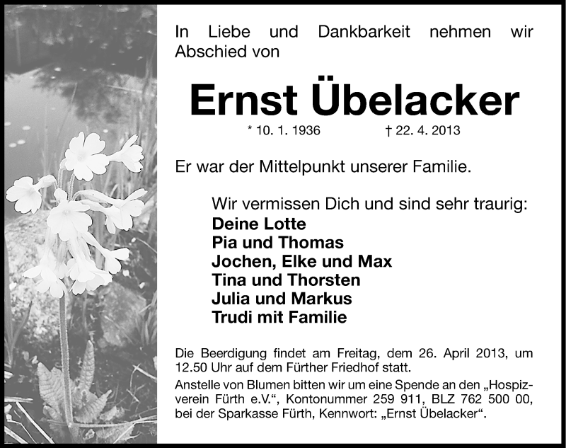  Traueranzeige für Ernst Übelacker vom 24.04.2013 aus Fürther Nachrichten Lokal
