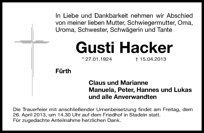  Traueranzeige für Gusti Hacker vom 24.04.2013 aus Fürther Nachrichten Lokal