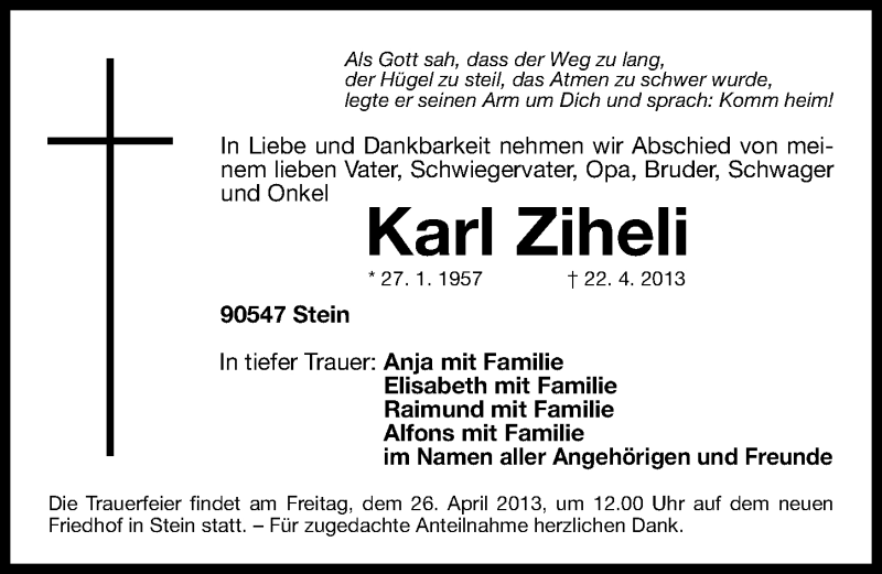  Traueranzeige für Karl Ziheli vom 24.04.2013 aus Fürther Nachrichten Lokal