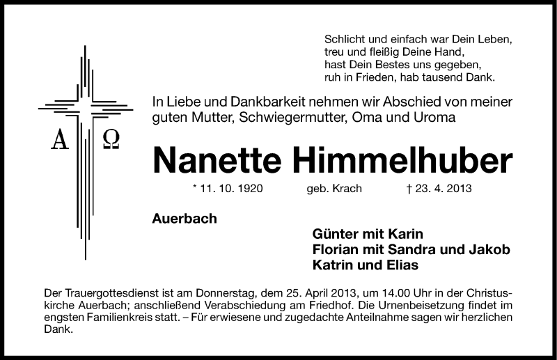  Traueranzeige für Nanette Himmelhuber vom 24.04.2013 aus Nordbayerische Nachrichten Pegnitz Lokal