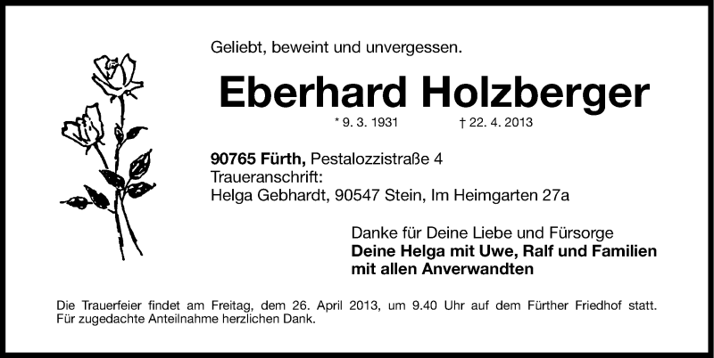  Traueranzeige für Eberhard Holzberger vom 24.04.2013 aus Gesamtausgabe Nürnberger Nachrichten/ Nürnberger Ztg.
