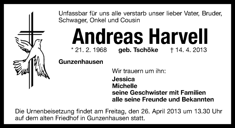  Traueranzeige für Andreas Harvell vom 24.04.2013 aus Altmühl-Bote Lokal