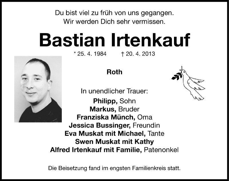  Traueranzeige für Bastian Irtenkauf vom 27.04.2013 aus Roth-Hilpoltsteiner Volkszeitung Lokal