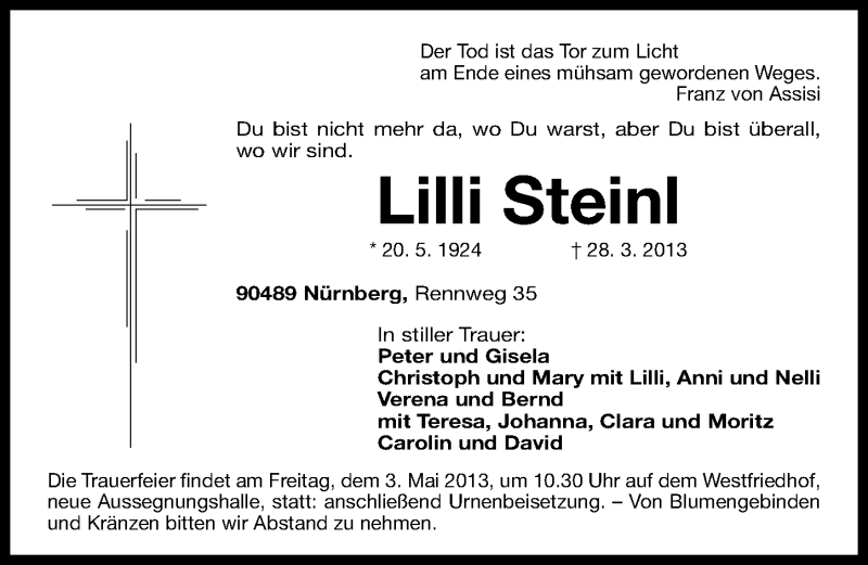  Traueranzeige für Lilli Steinl vom 27.04.2013 aus Gesamtausgabe Nürnberger Nachrichten/ Nürnberger Ztg.