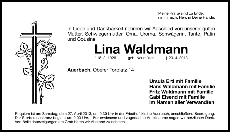  Traueranzeige für Lina Waldmann vom 25.04.2013 aus Nordbayerische Nachrichten Pegnitz Lokal