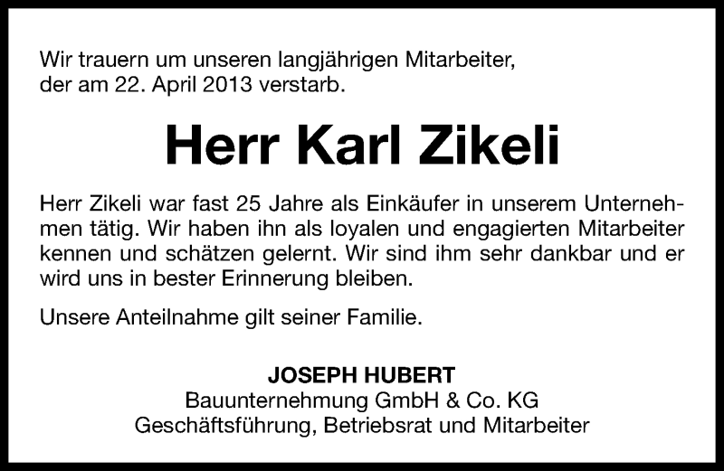  Traueranzeige für Karl Zikeli vom 26.04.2013 aus Gesamtausgabe Nürnberger Nachrichten/ Nürnberger Ztg.