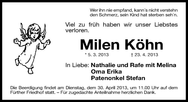  Traueranzeige für Milen Köhn vom 27.04.2013 aus Fürther Nachrichten Lokal
