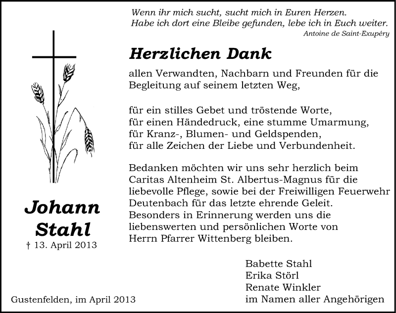  Traueranzeige für Johann Stahl vom 27.04.2013 aus Gesamtausgabe Nürnberger Nachrichten/ Nürnberger Ztg.