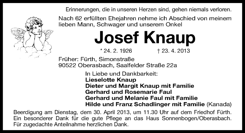  Traueranzeige für Josef Knaup vom 27.04.2013 aus Gesamtausgabe Nürnberger Nachrichten/ Nürnberger Ztg.