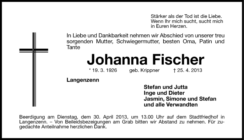  Traueranzeige für Johanna Fischer vom 27.04.2013 aus Fürther Nachrichten Lokal