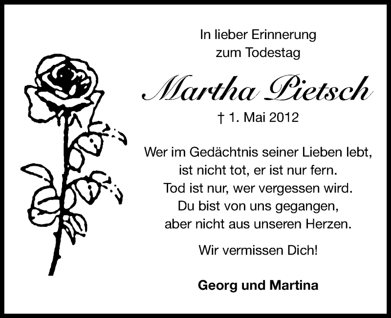  Traueranzeige für Marta Pietsch vom 01.05.2013 aus Altmühl-Bote Lokal