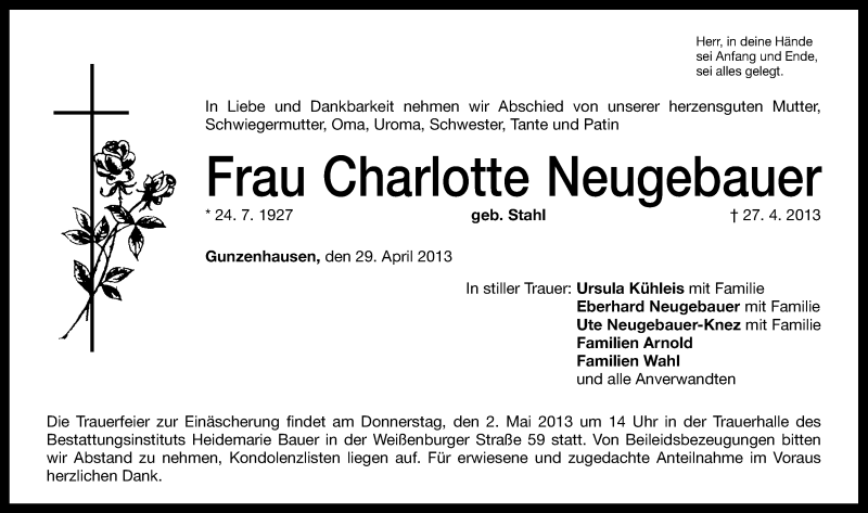  Traueranzeige für Charlotte Neugebauer vom 29.04.2013 aus Altmühl-Bote Lokal