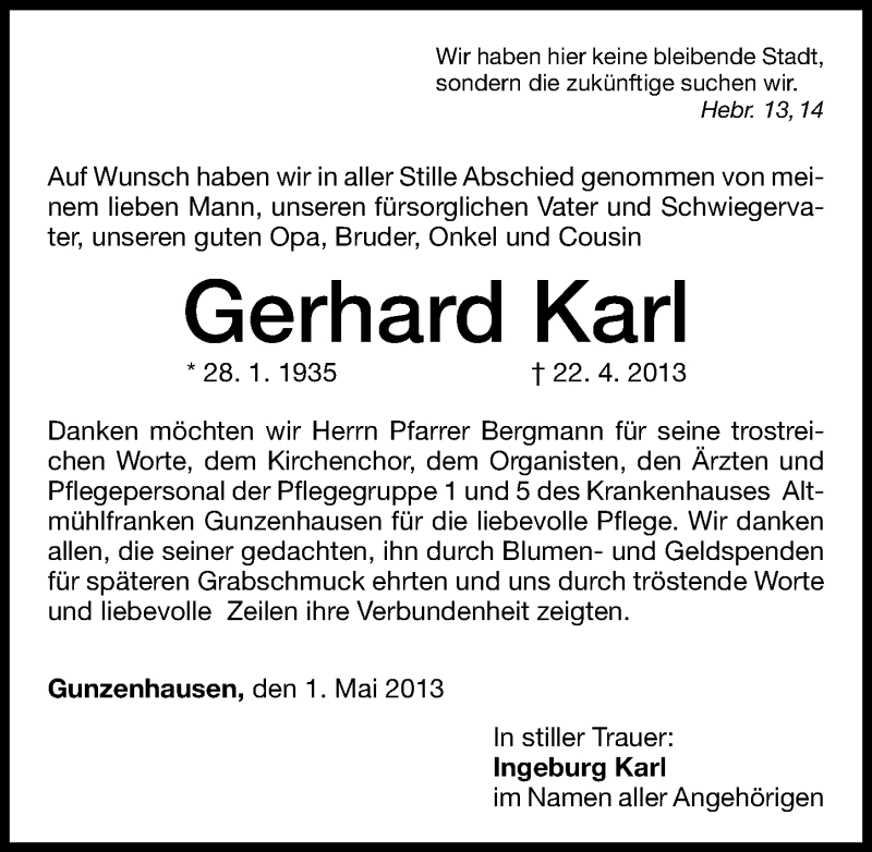  Traueranzeige für Gerhard Karl vom 01.05.2013 aus Altmühl-Bote Lokal