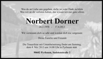 Traueranzeige von Norbert Dorner von Gesamtausgabe Nürnberger Nachrichten/ Nürnberger Ztg.