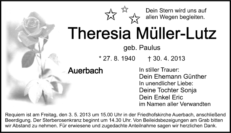  Traueranzeige für Theresia Müller-Lutz vom 01.05.2013 aus Nordbayerische Nachrichten Pegnitz Lokal