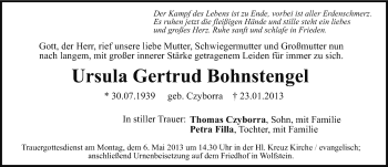 Traueranzeige von Ursula Bohnstengel von Neumarkter Nachrichten Lokal